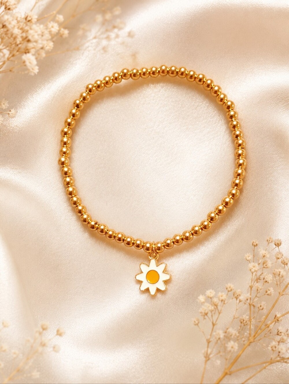 Luxury💎Rich Girl Vibes Designer Inspired Gold Ball Beaded Bracelet Daisy Charm